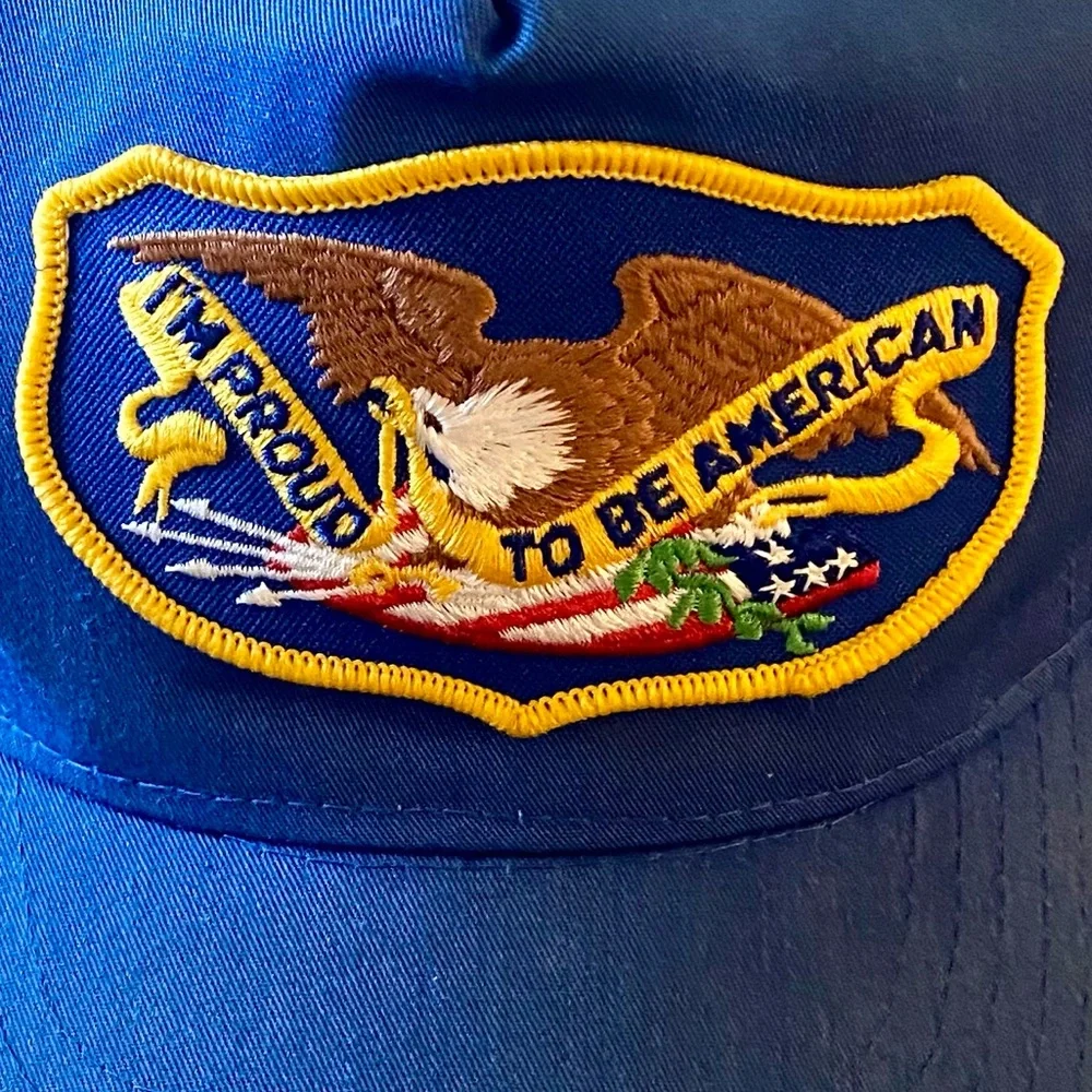 Vintage Proud To Be American Hat Cap Snap Back Blue One Size Eagle Patch 70s 80s